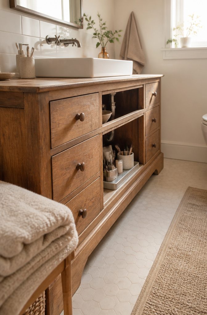 Solid wood dresser with drawers adapted for a bathroom sink and plumbing
