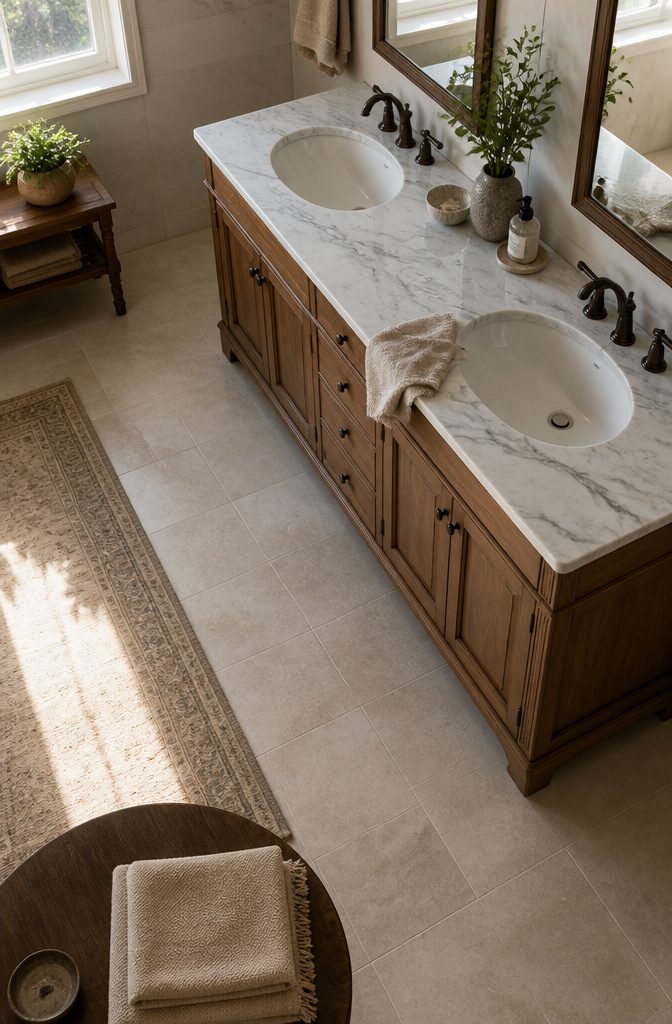 Buffet cabinet converted to a double vanity with 2 sinks