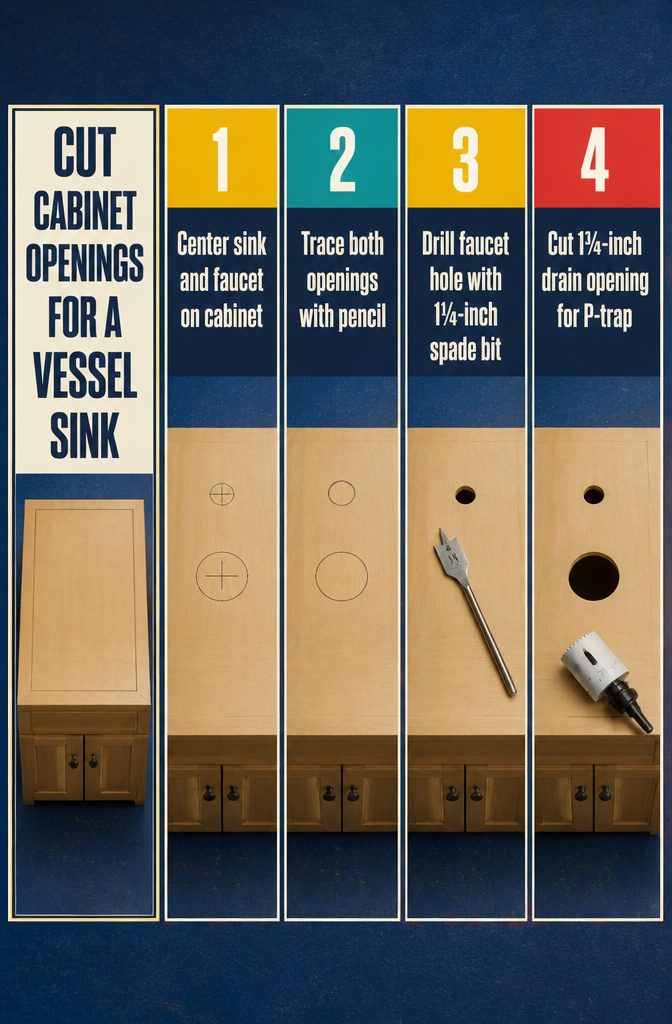 Cabinet diagram showing faucet and drain openings for a vessel sink