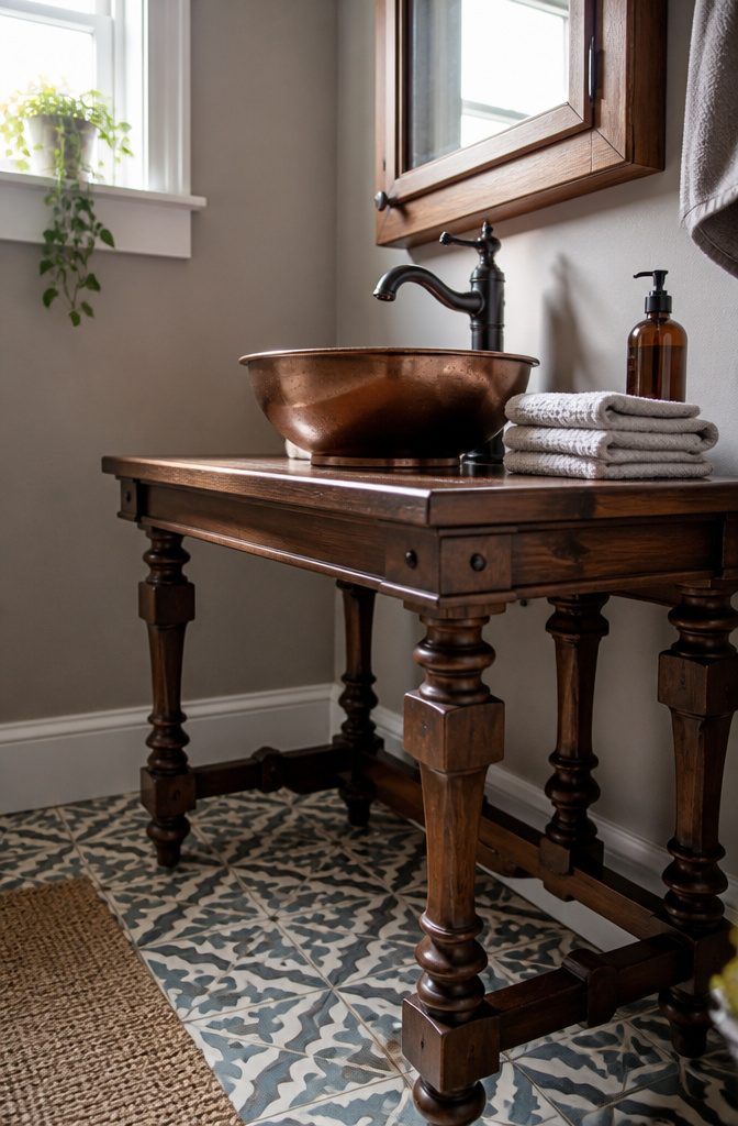 Vintage sewing machine table with a copper bowl sink and decorative legs