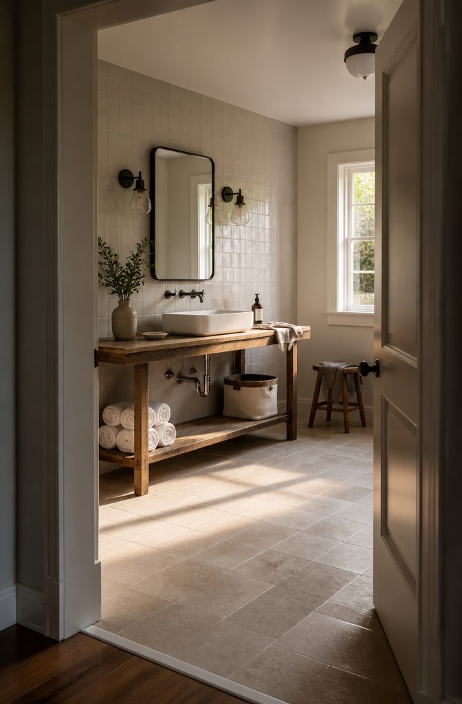 Open console table used as a vanity with visible pipes below