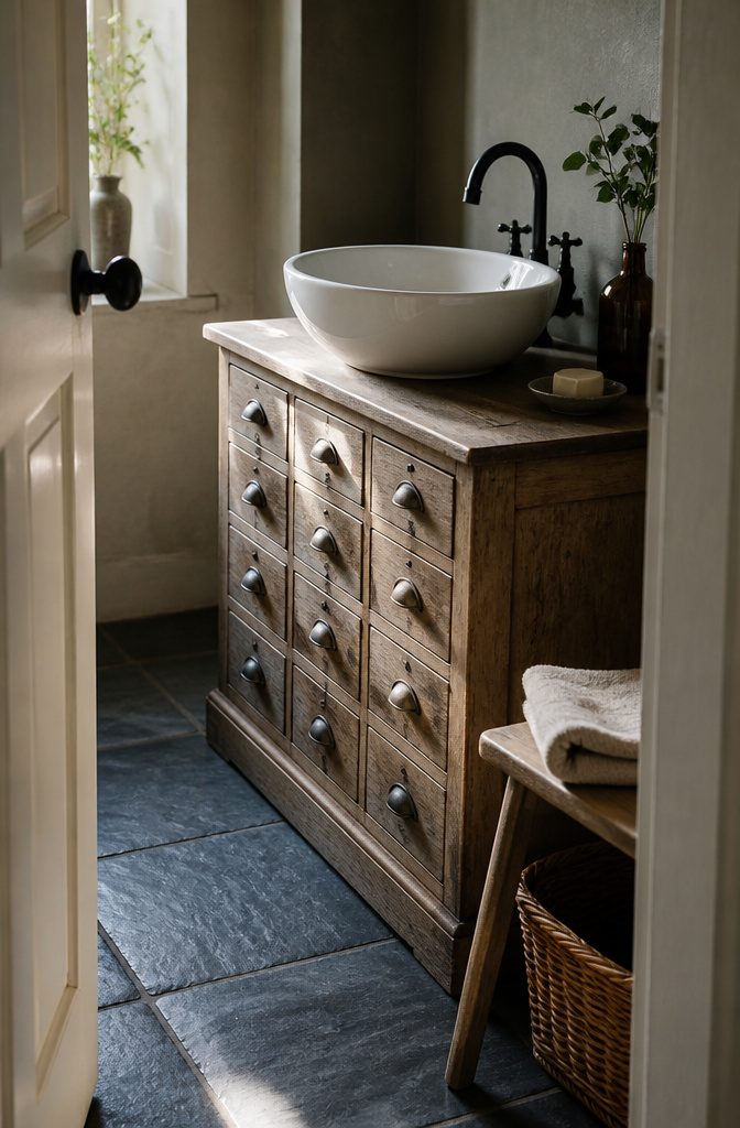 Antique hardware cabinet with vintage handles and a round bowl sink