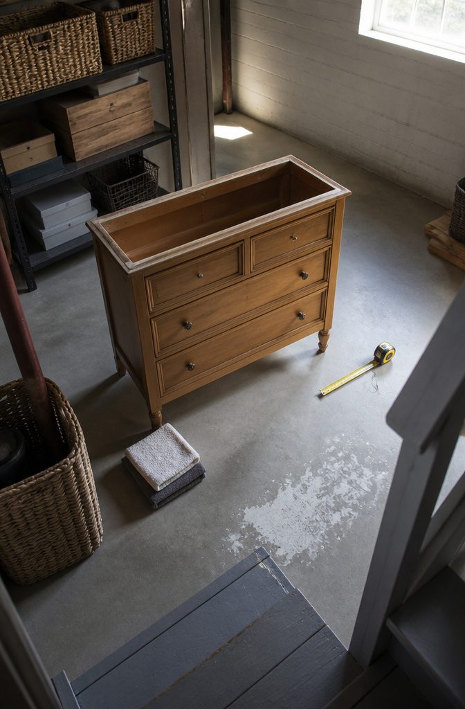 Wood cabinet with drawers and sturdy legs in a basement beside a tape measure