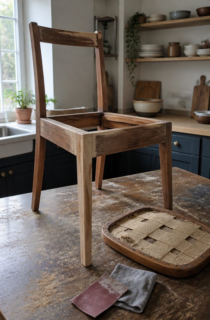 How to Reupholster Kitchen Chairs in 8 Steps 3 Kitchen chair frame beside a detached seat with webbing