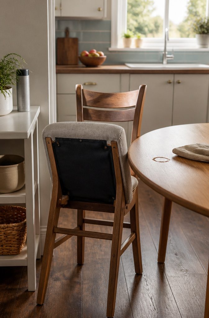 How to Reupholster Kitchen Chairs in 8 Steps 8 Kitchen chair with upholstered seat and black cambric dust cover underneath