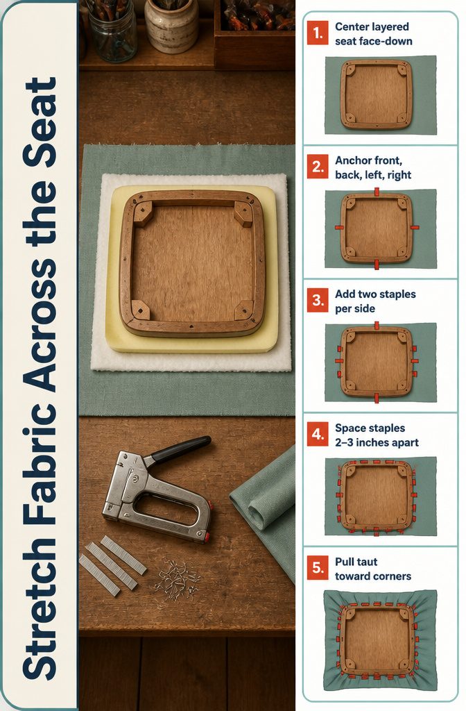 How to Reupholster Kitchen Chairs in 8 Steps 6 Chair seat face-down on fabric with staples securing its edges