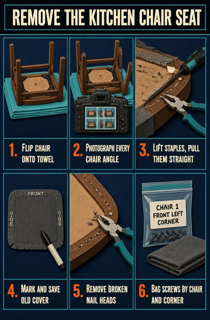 How to Reupholster Kitchen Chairs in 8 Steps 2 Upside-down kitchen chair with its seat being removed