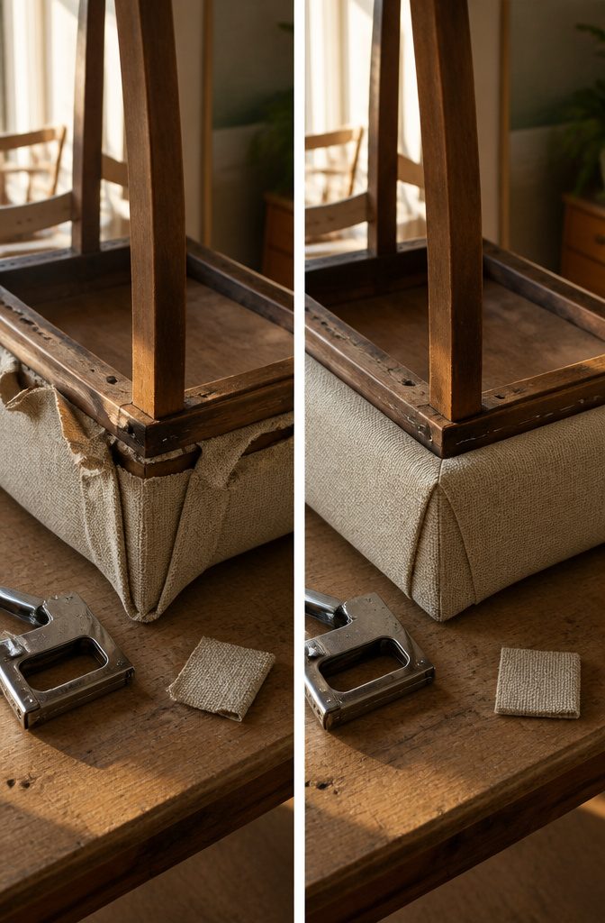 How to Reupholster Kitchen Chairs in 8 Steps 7 Upholstered chair seat with folded fabric pleats at its corners