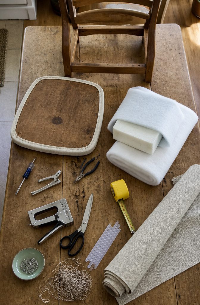How to Reupholster Kitchen Chairs in 8 Steps 10 Upholstery tools and materials arranged beside a kitchen chair