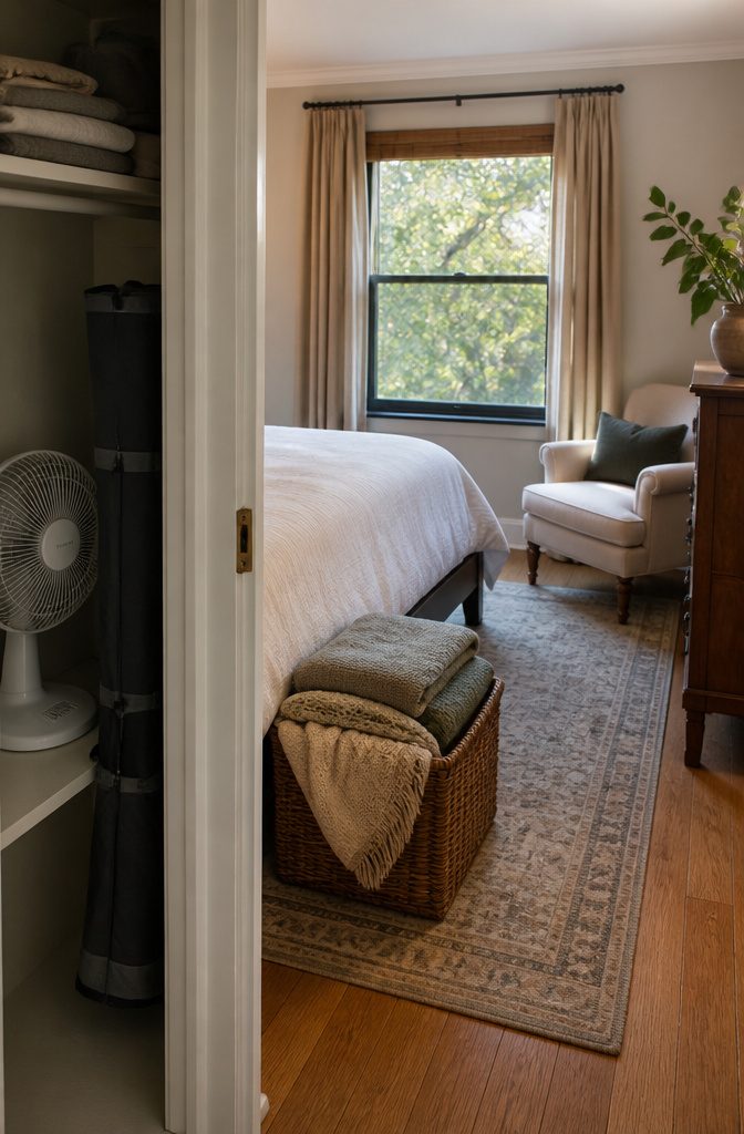 How to Set Up a Guest Room: 7 Steps to Get It Right 9 Guest bedroom with blanket basket, small fan, and folded pack and play
