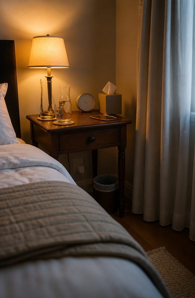 How to Set Up a Guest Room: 7 Steps to Get It Right 5 Bedside table holding a lamp, carafe, glass, clock, tissues, and phone charger