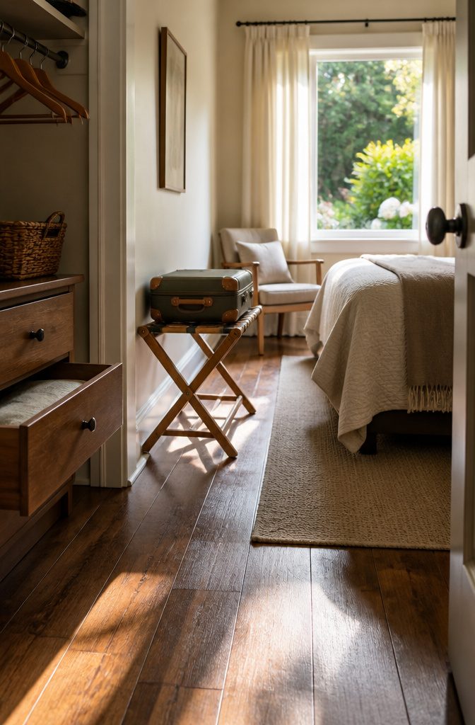 How to Set Up a Guest Room: 7 Steps to Get It Right 4 Canvas luggage rack beside a bed, with open dresser drawer and closet hangers
