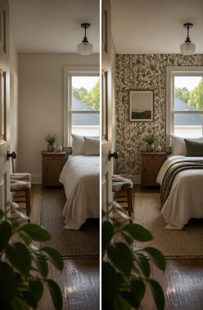 How to Set Up a Guest Room: 7 Steps to Get It Right 11 Guest bedroom with patterned accent wall and vintage furniture
