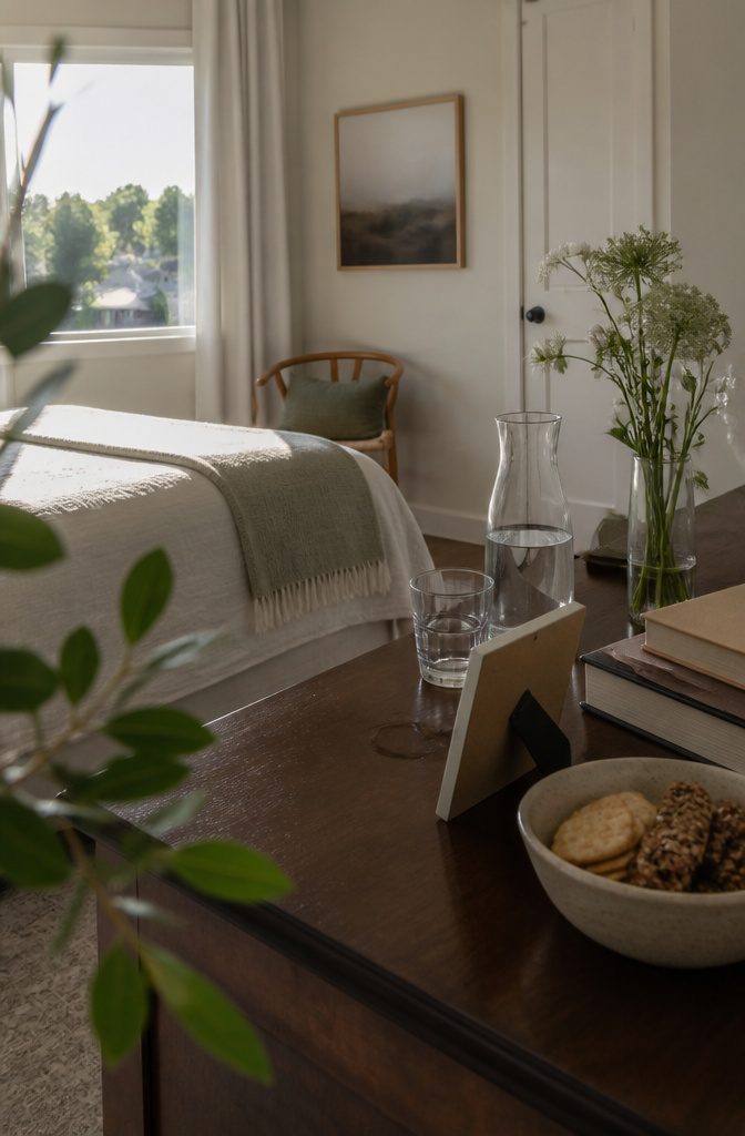 How to Set Up a Guest Room: 7 Steps to Get It Right 7 Dresser with framed card, carafe, snacks, books, and vase of flowers