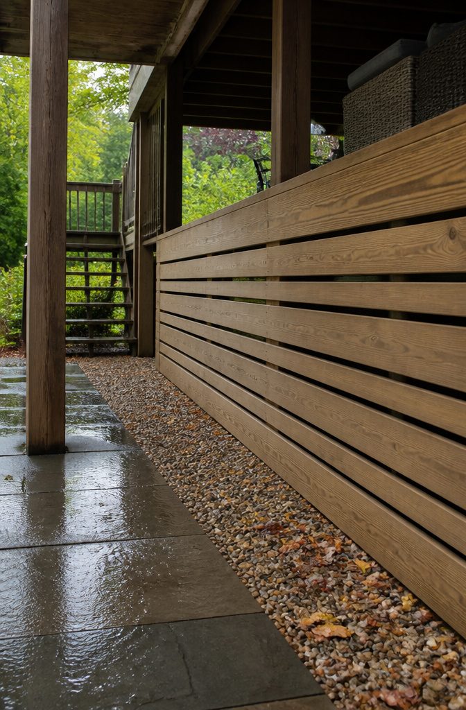 Horizontal wood skirting with narrow gaps above dry gravel beneath a deck
