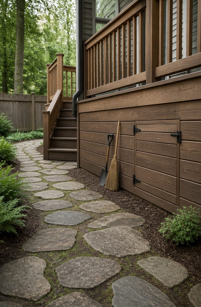 Under-deck access panel with diagonal brace hinges and latch hardware