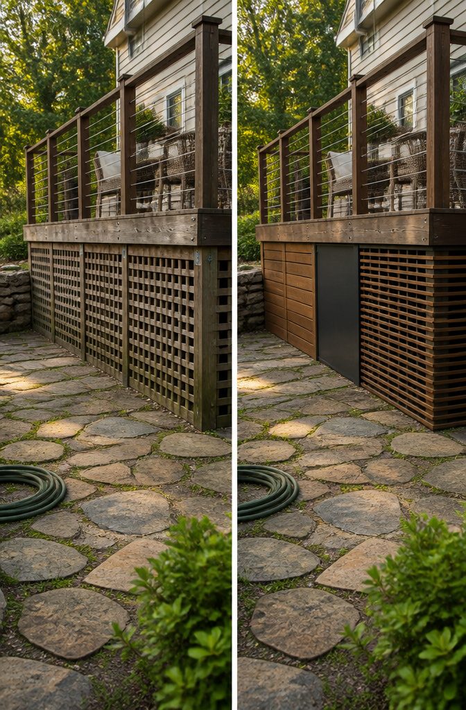 Deck with wood skirting beside lattice composite and stone material samples
