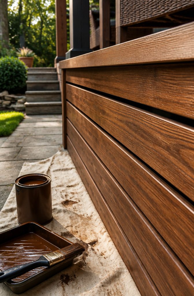 Wood deck skirting with an exterior finish beneath the deck