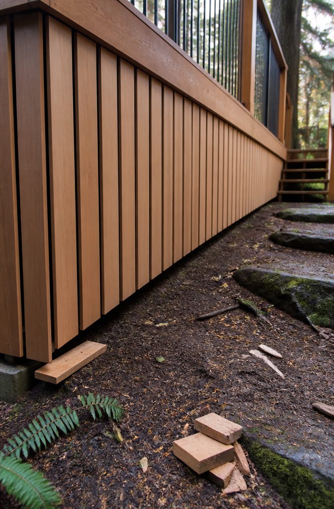 Deck skirting with tapered board bottoms following a sloped ground edge