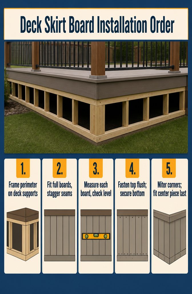 Deck skirt board diagram showing a frame staggered boards and flush top edge