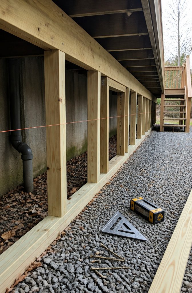 Under-deck framing with horizontal support strip access opening and stair landing