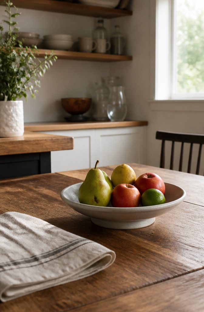 Footed fruit bowl holding green pears red apples a lemon and a lime