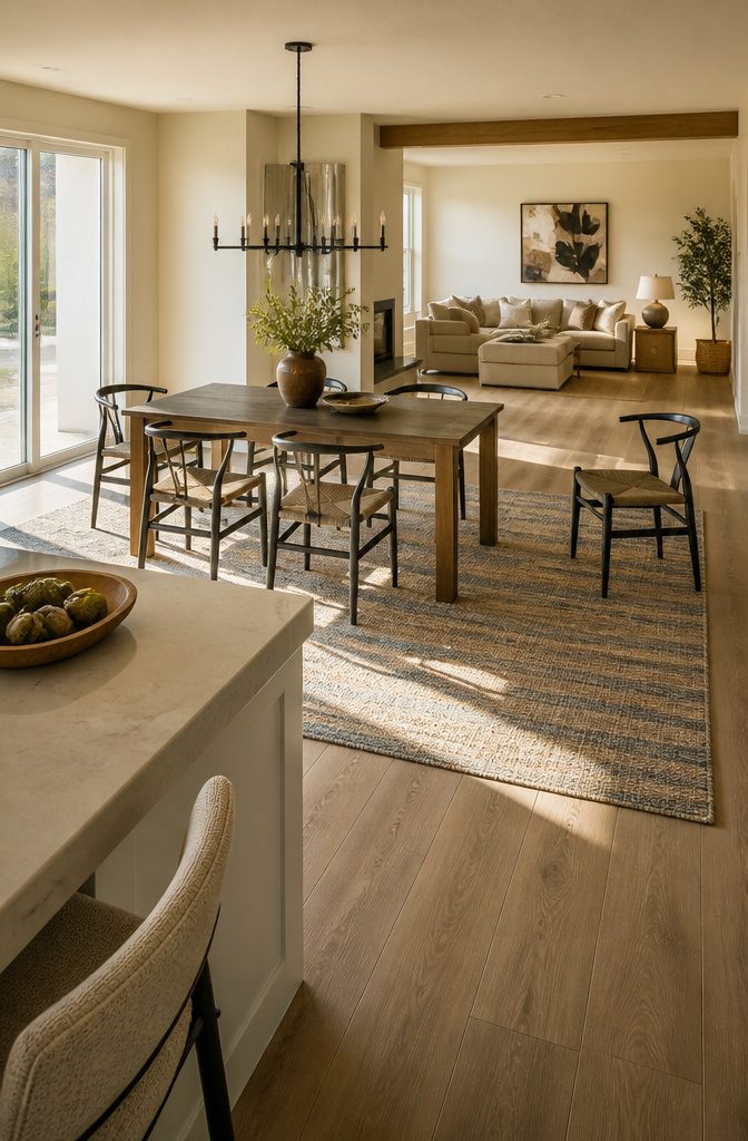 Kitchen table and chairs positioned on a rug in an open-plan room