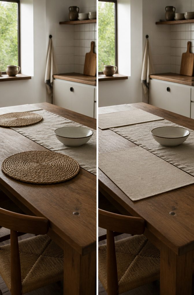 Kitchen table set with a runner and textured placemats