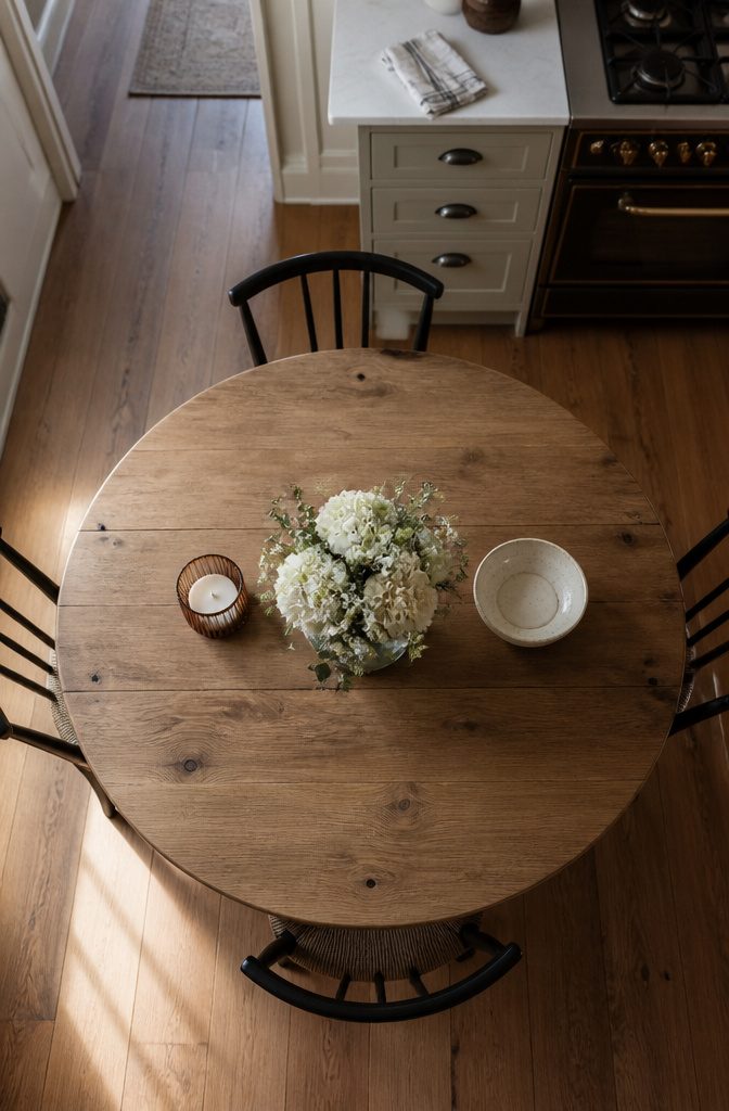 Kitchen table display with a central vase and matching objects on both sides
