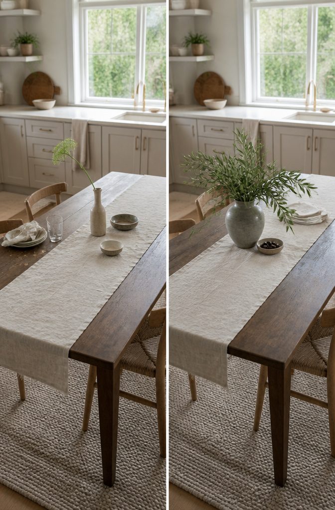 Rectangular kitchen table with a runner emphasizing its length