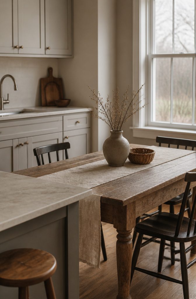 Weathered farmhouse table with ceramic vase woven basket and linen runner