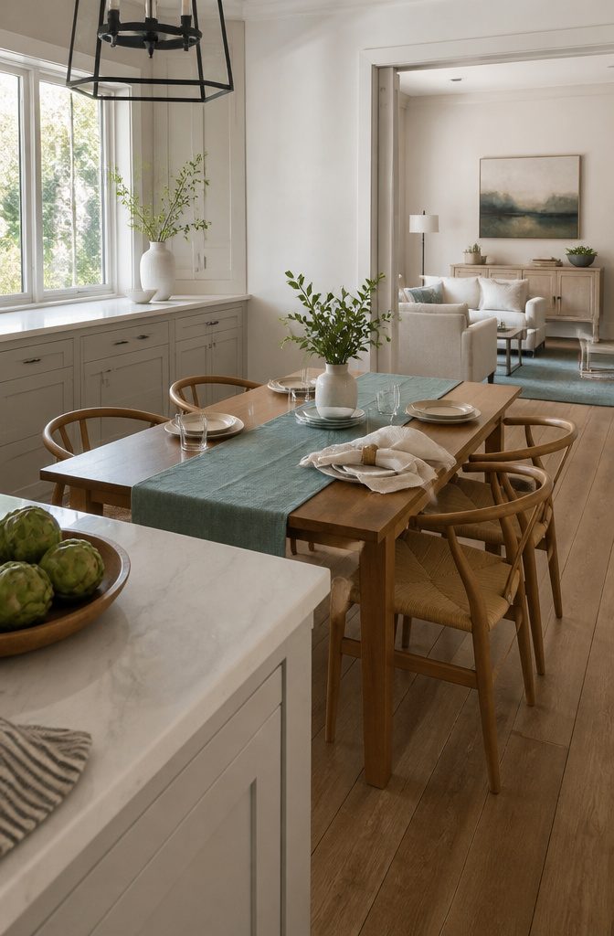 Kitchen table with teal runner cream napkins and ceramic vase beside a teal rug