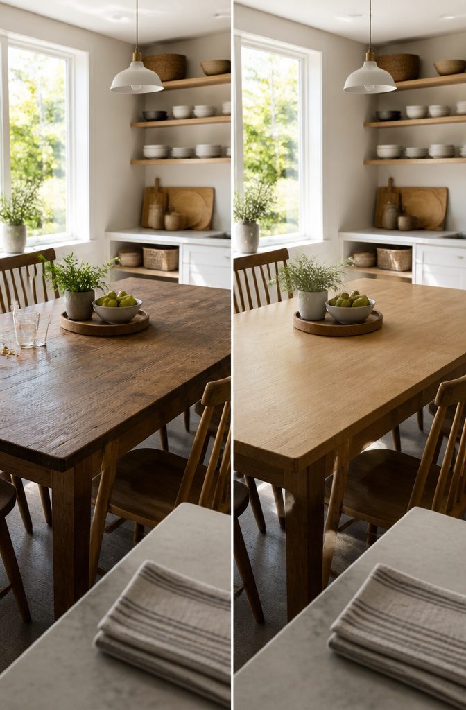 Kitchen table with a fruit bowl as its only centerpiece