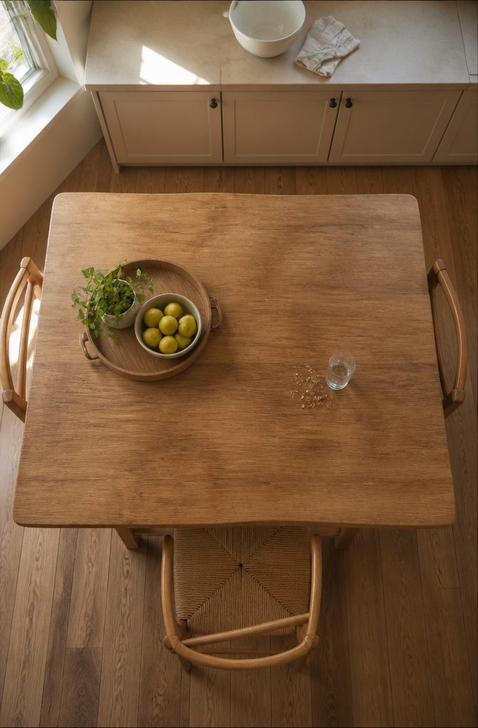 Kitchen table with a low centerpiece and clear space for place settings