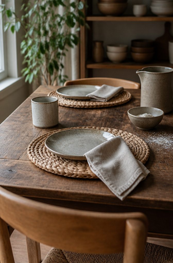 Wood table with woven placemats linen napkins plates and ceramic cups