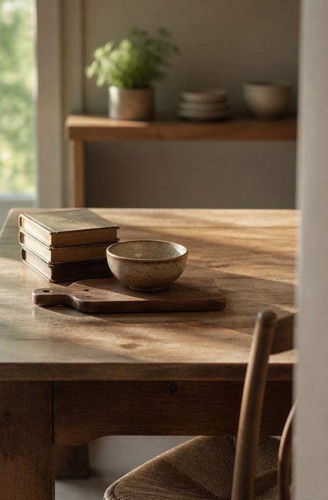 Kitchen table with vintage cookbooks pottery bowl and travel souvenirs