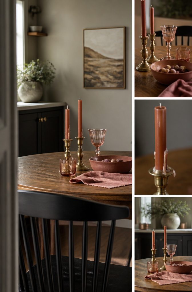 Kitchen table with vintage glassware ceramic bowl and brass candlesticks