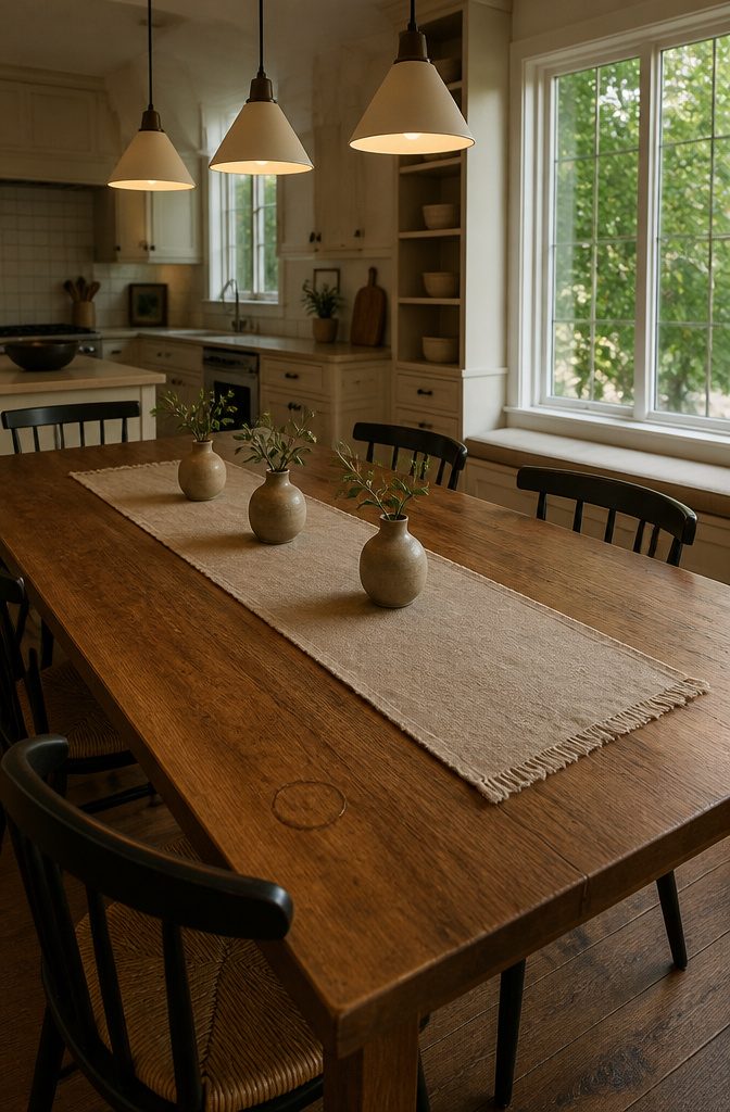 Rectangular kitchen table with linen runner and three ceramic bud vases