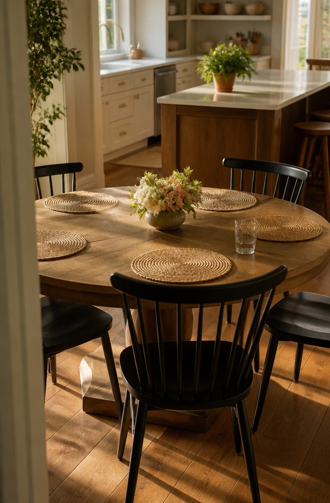 Round kitchen table with round placemats and a low vase of fresh flowers