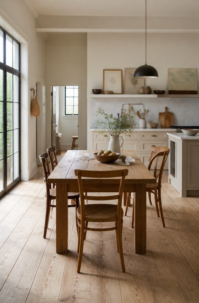 Kitchen table surrounded by curved chairs