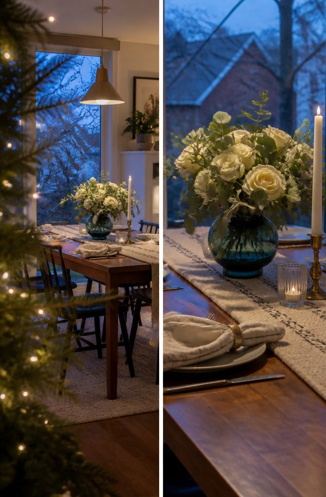 Kitchen table arranged with seasonal flowers and changing linens