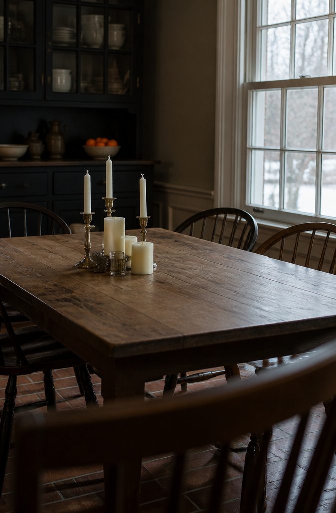 Kitchen table with taper pillar and votive candles arranged together