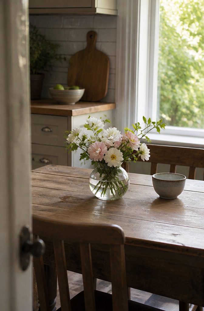 Kitchen table with a vase arranged at the center