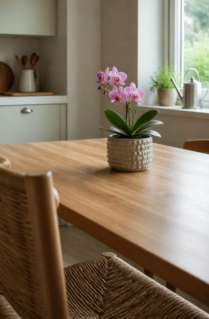 Potted orchid in a textured ceramic pot on a kitchen table