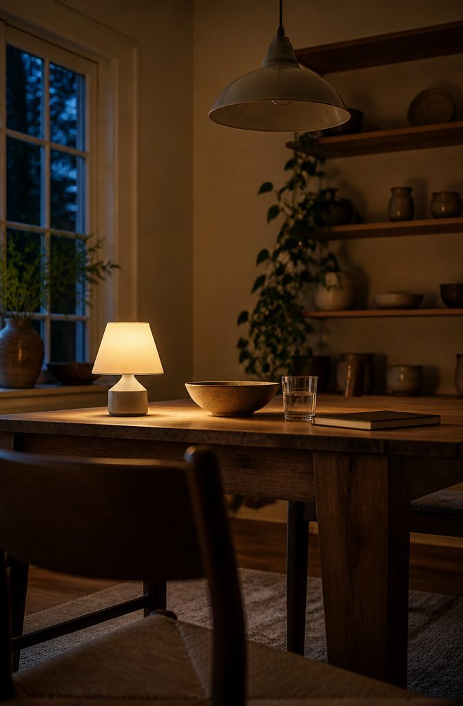 Kitchen table beneath a row of white pendant lights