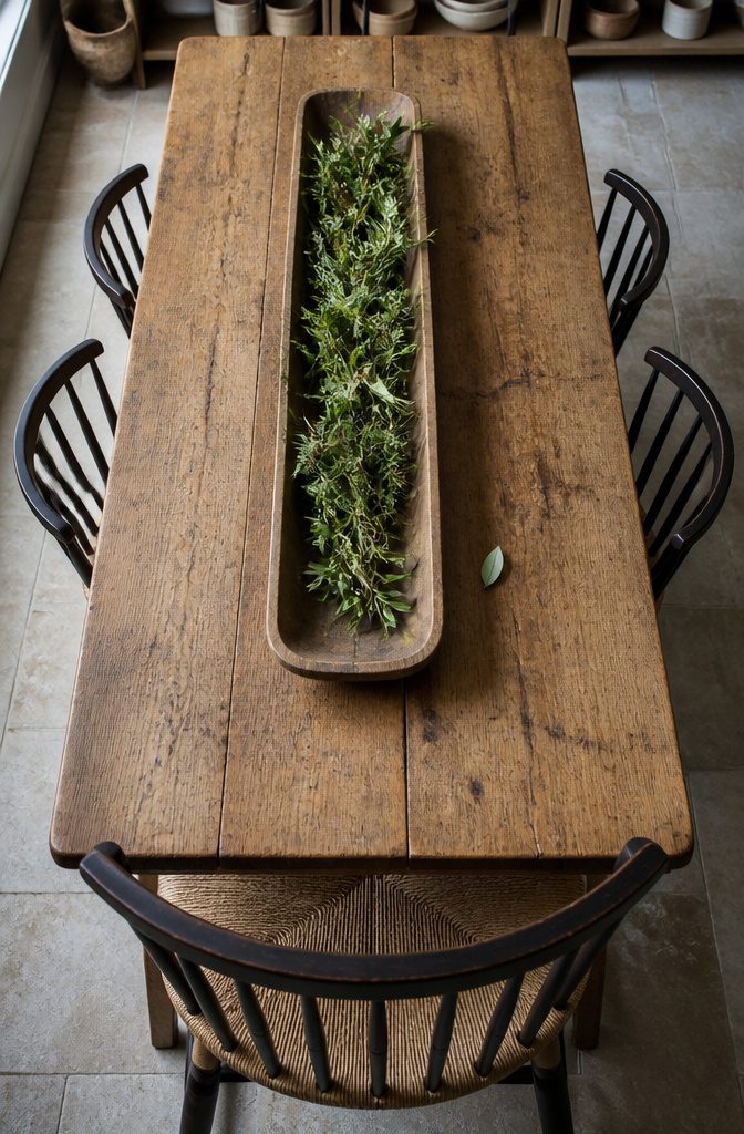 Kitchen table with small bud vases arranged in a row