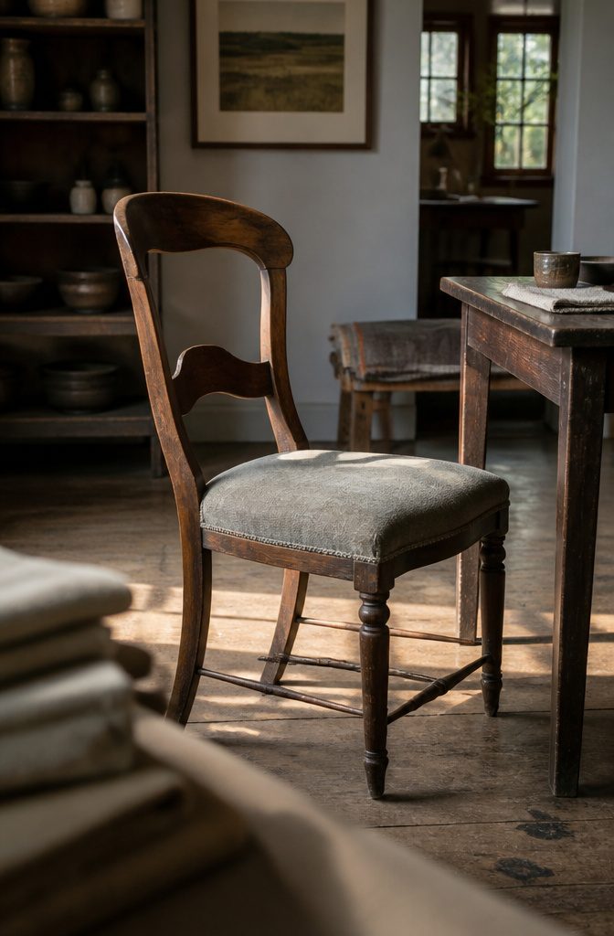 10 Ways to Style Vintage Chairs in Any Room 12 Vintage chair with worn upholstery and a solid curved wooden frame