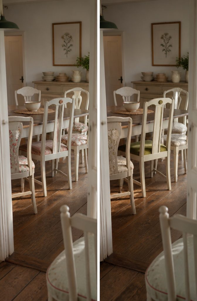 10 Ways to Style Vintage Chairs in Any Room 4 Mismatched chairs with warm white frames and seats in varied fabrics