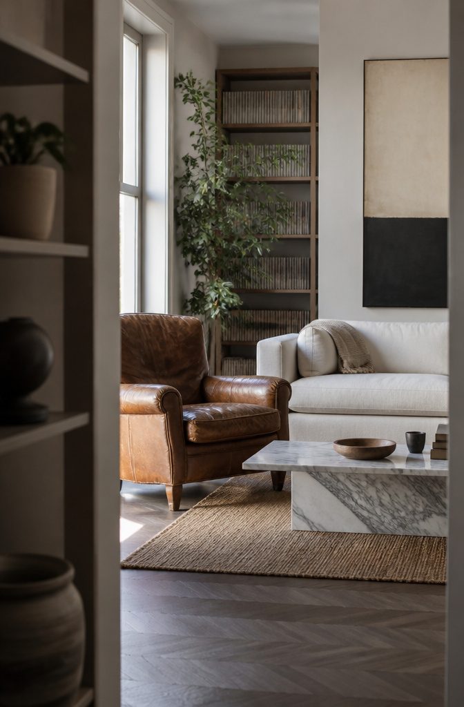 10 Ways to Style Vintage Chairs in Any Room 3 Brown leather armchair beside a pale sofa and low marble-topped table