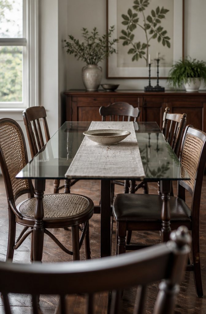 10 Ways to Style Vintage Chairs in Any Room 8 Vintage dining chairs with cane and leather details around a glass table